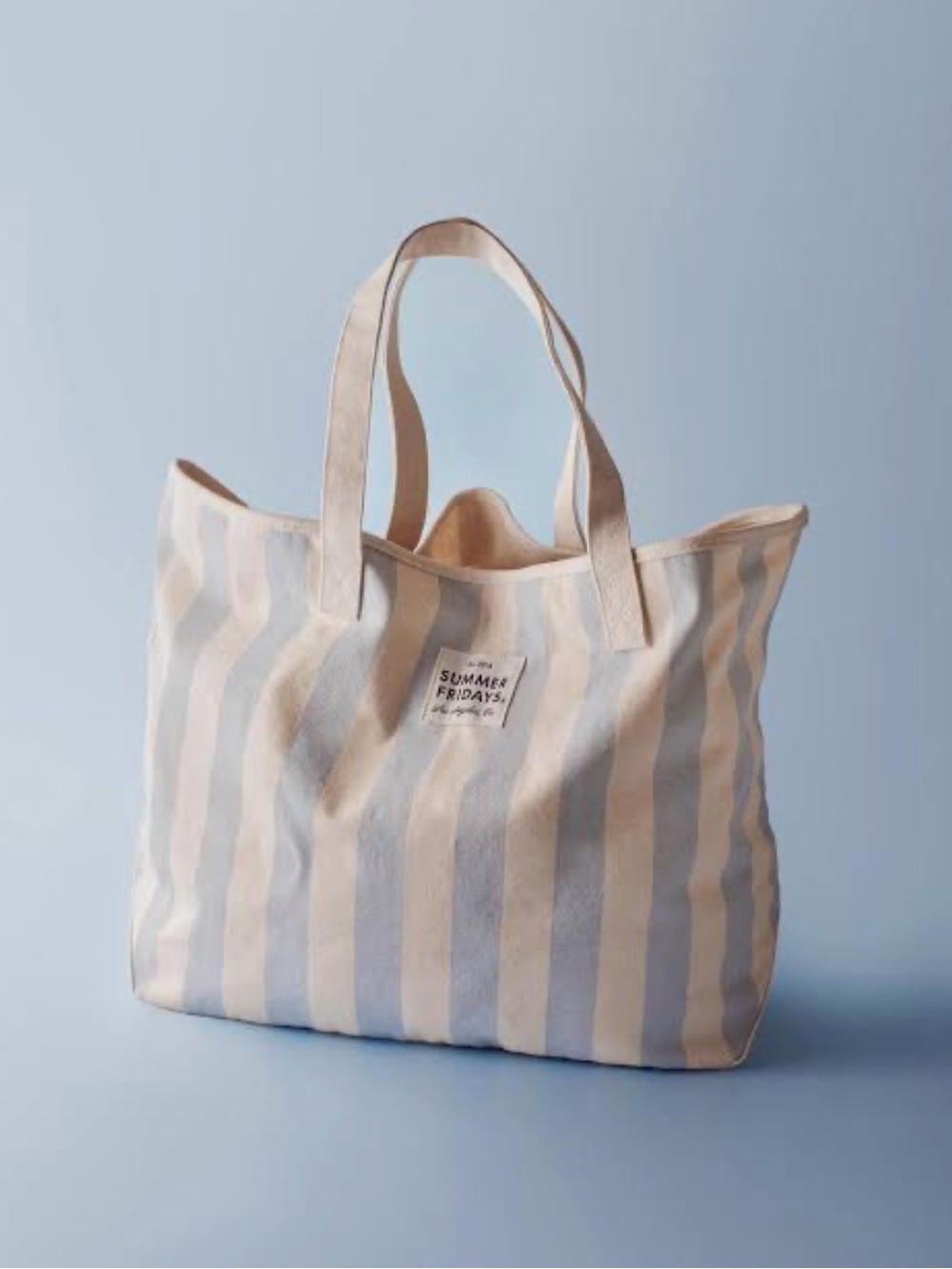 Summer Fridays LARGE Striped Canvas Travel Tote Bag Blue Cream - NWOT